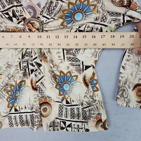 Y2K Top Womens L Cream Bohemian Floral O-Ring V-Neck Jersey Knit Made In USA - Picture 6 of 8